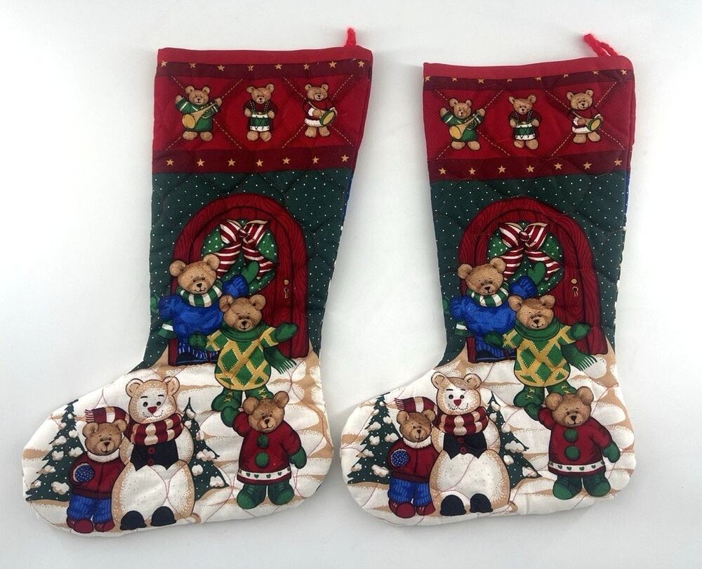 Cranston Vntg Christmas Friends Stockings Cut Sew Brown Bears Cotton Holiday USA